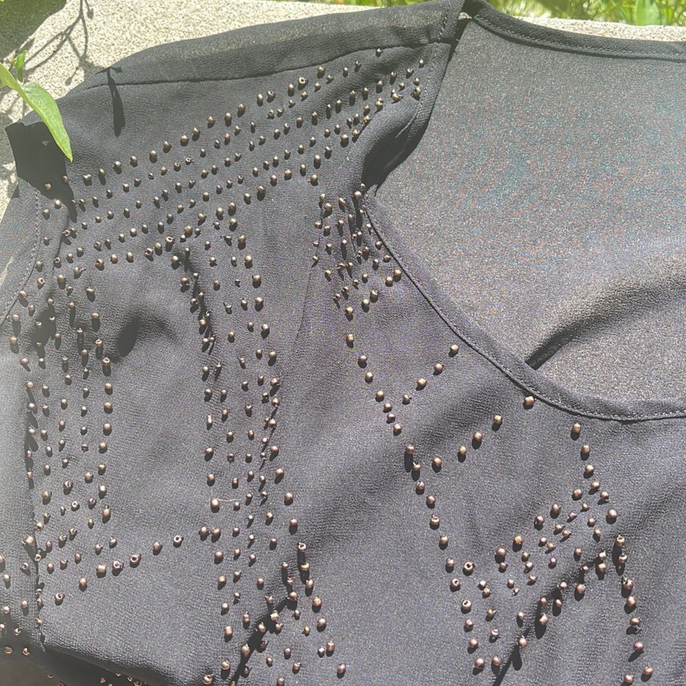 Petticoat Alley Black Sheer Top with Gold Beading Size S